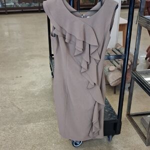 Calvin Klein Taupe Asymmetrical Ruffle Dress